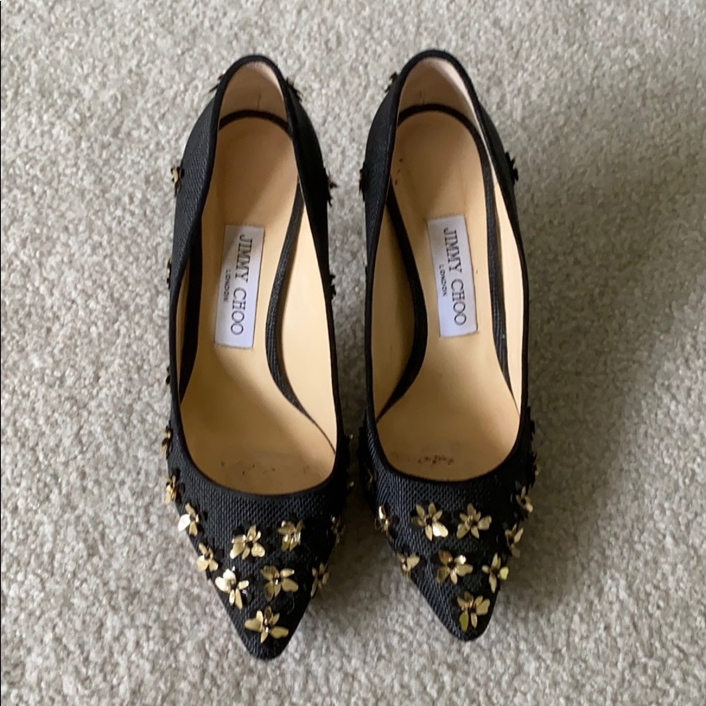 Black Jimmy Choo Romy Pumps with 3D Gold Flowers